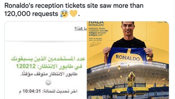 Tiket untuk menyambut kedatangan Ronaldo di Arab Saudi pun laris manis. Foto: Twitter
