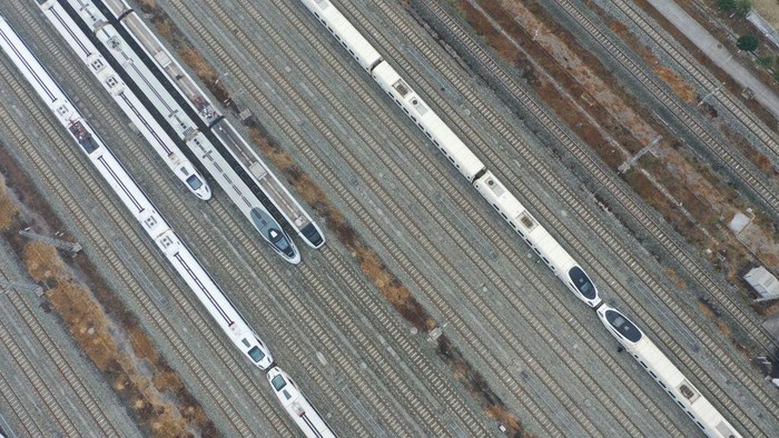CHENGDU, CHINA - JANUARY 03: Aerial view of bullet trains waiting on the high-speed railway depot ahead of the Spring Festival travel rush on January 3, 2023 in Chengdu, Sichuan Province of China. (Photo by VCG/VCG via Getty Images)