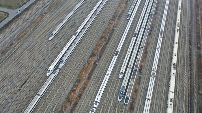CHENGDU, CHINA - JANUARY 03: Aerial view of bullet trains waiting on the high-speed railway depot ahead of the Spring Festival travel rush on January 3, 2023 in Chengdu, Sichuan Province of China. (Photo by VCG/VCG via Getty Images)
