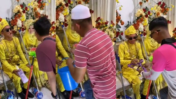 Aksi teman pengantin pria yang memberikan hadiah tidak biasa ketika bersalaman di pelaminan, menjadi sorotan warganet.