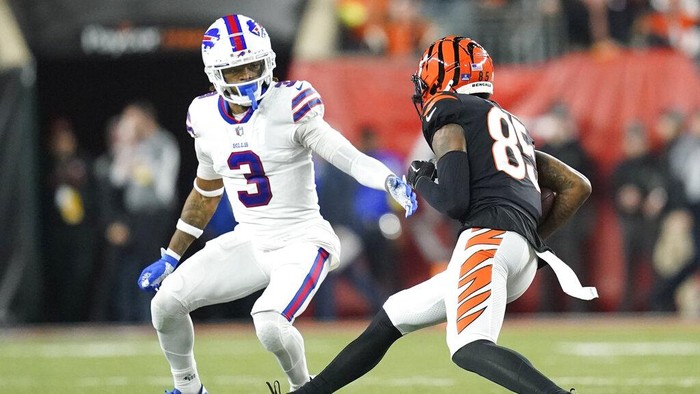 Buffalo Bills' Damar Hamlin is examined during the first half of an NFL football game against the Cincinnati Bengals, Monday, Jan. 2, 2023, in Cincinnati. (AP Photo/Jeff Dean)