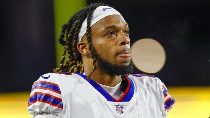 Buffalo Bills safety Damar Hamlin (3) leaves the field during the second half of an NFL football game against the New England Patriots, Thursday, Dec. 1, 2022, in Foxborough, Mass. (AP Photo/Greg M. Cooper)