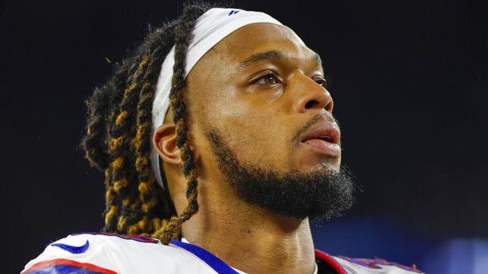 Buffalo Bills safety Damar Hamlin (3) leaves the field during the second half of an NFL football game against the New England Patriots, Thursday, Dec. 1, 2022, in Foxborough, Mass. (AP Photo/Greg M. Cooper)