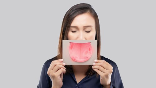 The woman show the picture of tongue problems, Illustration benign migratory glossitis on a brown paper, Behcets Disease