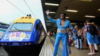 Seorang penggemar Elvis Presley melambaikan tangan sebelum menaiki kereta di Stasiun Kereta Sydney Central sebelum berangkat ke Parkes Elvis Festival di Sydney, Australia, Kamis (5/1/2022).  