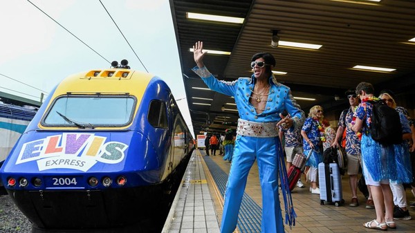 Seorang penggemar Elvis Presley melambaikan tangan sebelum menaiki kereta di Stasiun Kereta Sydney Central sebelum berangkat ke Parkes Elvis Festival di Sydney, Australia, Kamis (5/1/2022). Â Seorang penggemar Elvis Presley melambaikan tangan sebelum menaiki kereta di Stasiun Kereta Sydney Central sebelum berangkat ke Parkes Elvis Festival di Sydney, Australia, Kamis (5/1/2022). Â