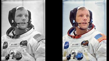 Neil Armstrong, Komandan kapal ruang angkasa Apollo 11, berbicara dengan seorang teknisi selama setelan jas di Kennedy Space Center, Cape Canaveral, Florida, tak lama sebelum dia berangkat ke Bulan bersama sesama astronot Michael Collins dan Edwin Buzz Aldrin, 1969 Foto: Instagram/lorenzofolli_history_in_color