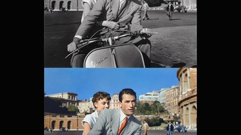 Roman Holiday (1953) Audrey Hepburn dan Gregory Peck melakukan perjalanan ke Roma, dengan Vespa, di salah satu adegan paling terkenal di dunia perfilman. Foto: Instagram/lorenzofolli_history_in_color