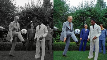 28 Juni 1975 - Taman Mawar - Gedung Putih - Washington, DC - Gerald R. Ford, Edson bermain dengan bola sepak untuk hiburan Pele - pemain sepak bola Brasil; Duta Besar dari Brasil untuk Amerika Serikat. Foto: Instagram/lorenzofolli_history_in_color