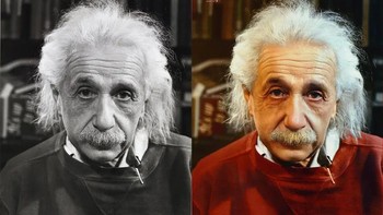 Albert Einstein (Ulm, 14 Maret 1879 - Princeton, 18 April 1955) adalah seorang fisikawan naturalisasi Jerman, AS. , filsuf dan akademisi. Dia mengembangkan teori relativitas, salah satu dari dua pilar fisika modern (bersama dengan mekanika kuantum). Karya-karyanya juga dikenal karena pengaruhnya terhadap filsafat sains. Hal ini dikenal oleh masyarakat umum untuk rumus persamaan massa-energi, E mc2, yang dikenal sebagai persamaan paling terkenal di dunia. Pada tahun 1921 ia menerima Hadiah Nobel untuk Fisika atas kontribusinya pada fisika teoretis, khususnya untuk penemuan hukum efek fotolistrik, sebuah langkah maju yang penting untuk pengembangan teori kuantum. Foto: Instagram/lorenzofolli_history_in_color