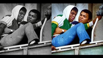 Muhammad Ali menghentikan seorang pria yang mencoba bunuh diri, 1981. Foto: Instagram/lorenzofolli_history_in_color