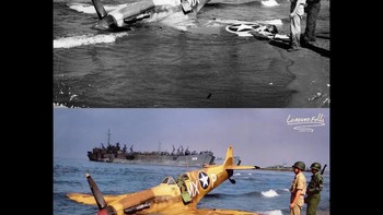 Supermarine Spitfire dari Skuadron Tempur 307 AS bersandar di pantai di Paestum, Italia dekat Salerno setelah ditembak jatuh pada 9 September 1943. Foto: Instagram/lorenzofolli_history_in_color