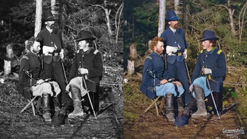 Mayor Jenderal George Custer, Nicholas Bowen dan William G. Jones. Foto dari teater perang timur utama, pedesaan semenanjung, Mei-Agustus 1862. Foto: Instagram/lorenzofolli_history_in_color