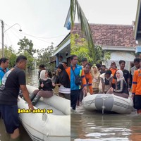 Wanita yang memiliki nama lengkap Wynne Frederica ini langsung tertawa saat melihat reaksi warga. Biarin aja kayak orang biasa aja, jadi saya ke mana-mana tuh enak. Gampang gitu los. Emang gak kelihatan mirip? tanya Chacha. Sama di TV kok nggak (mirip). Saya gak tahu gak pernah nonton televisi, jawab ibu tersebut. Kemudian Chacha melanjutkan menyusuri jalan yang penuh dengan banjir dengan menggunakan perahu karet.  Foto: Dok. Instagram @chafrederica.