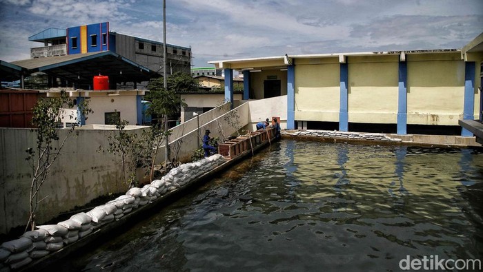 Tanggul Penangkal Rob Jakarta Ditinggikan Petugas Sudin Sumber Daya Air melakukan peninggian tanggul di kawasan Resto Apung, Pelabuhan Muara Angke, Penjaringan, Jakarta Utara, Jumat (6/1/2023).