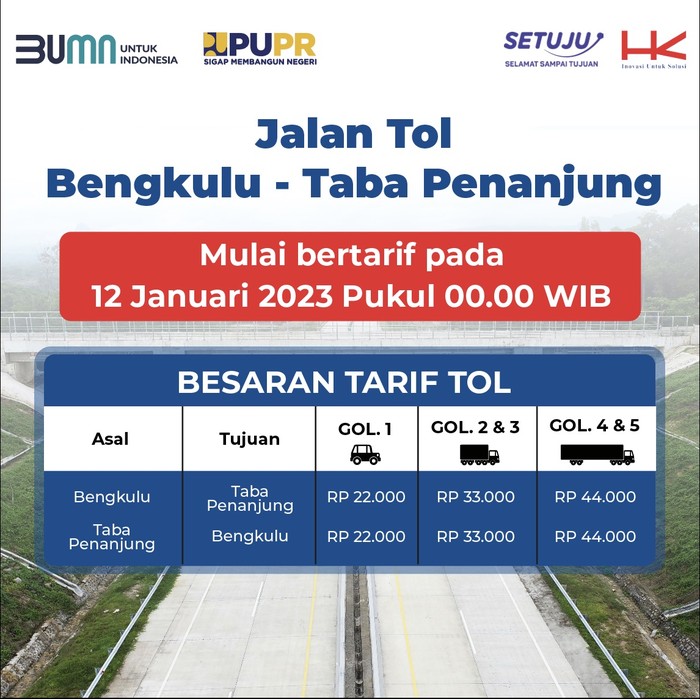 Catat! Tol Bengkulu-Taba Penanjung Mulai Bertarif Kamis Depan