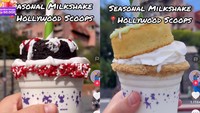 Selain butter beer yang terkenal di Disney Wolrd, ada juga minuman lain. Salah satunya Seasonal Milkshake yang tampilannya menggugah selera karena diberikan tambahan bolu dan cokelat di atasnya. Foto: TikTok @wrightdownmainstreet
