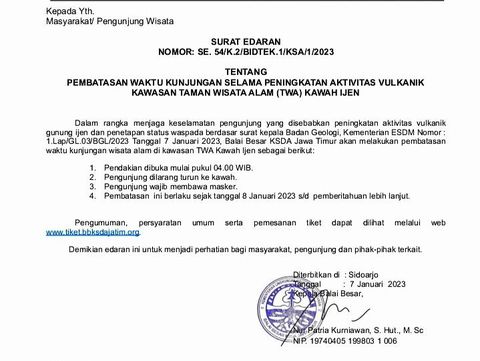 Pengumuman pembatasan waktu kunjungan ke Kawah Ijen