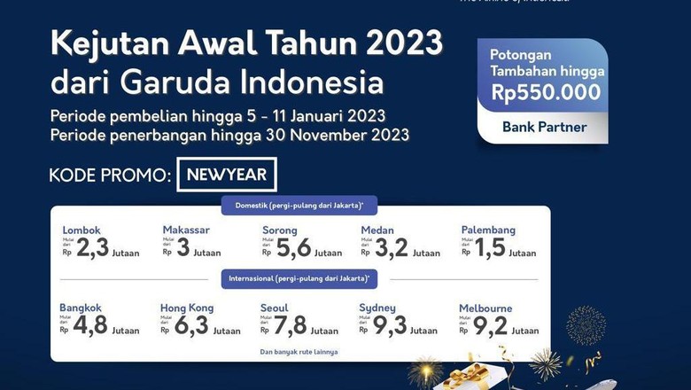 Potongan 15 persen tiket Garuda Indonesia Garuda Indonesia meluncurkan Kejutan Awal Tahun 2023 untuk traveler. Kalian dapat menikmati potongan harga tiket untuk rute penerbangan favorit.