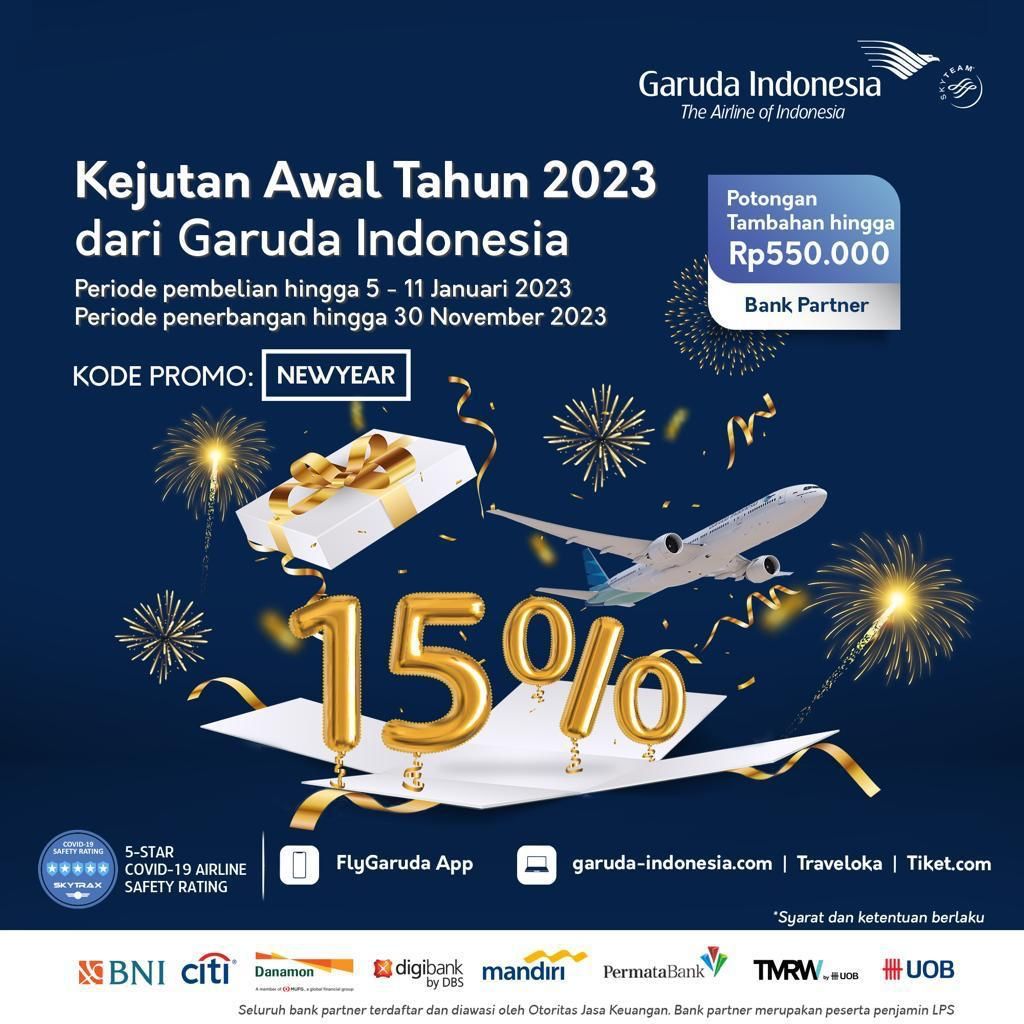Garuda Indonesia meluncurkan Kejutan Awal Tahun 2023 untuk traveler. Kalian dapat menikmati potongan harga tiket untuk rute penerbangan favorit.