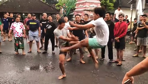 Tangkapan layar saat para pemuda melaksanakan tradisi tamblang waluh di perempatan jalan Desa Adat Bungaya, dua hari sebelum hari raya Galungan. (istimewa)
