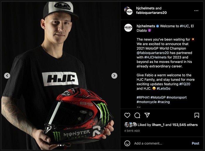 Fabio Quartararo akan menggunakan helm HJC mulai MotoGP 2023