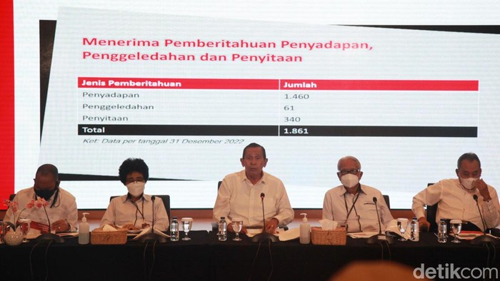 Lima anggota Dewan Pengawas KPK didampingi Juru Bicara KPK Ali Fikri (kanan) menggelar Konferensi Pers Capaian Kinerja Dewan Pengawas KPK Tahun 2022, di Gedung C1 KPK Jakarta, Senin (9/1/2023).