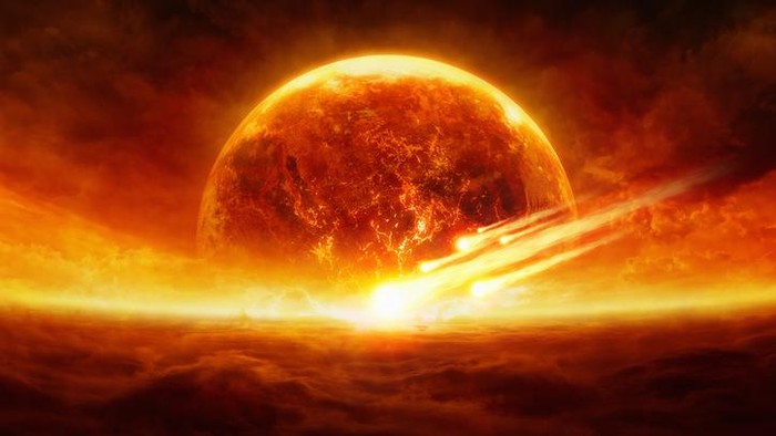 Dramatic apocalyptic background - burning and exploding planet Earth, hell, asteroid impact, glowing horizon. Elements of this image furnished by NASA