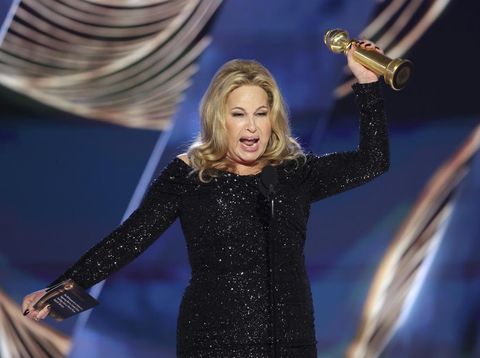 This image released by NBC shows Jennifer Coolidge accepting the Best Actress in a Limited or Anthology Series or Television Film award for 