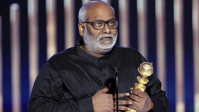 This image released by NBC shows M. M. Keeravani accepting the Best Original Song award for Naatu Naatu from RRR during the 80th Annual Golden Globe Awards at the Beverly Hilton Hotel on Tuesday, Jan. 10, 2023, in Beverly Hills, Calif. (Rich Polk/NBC via AP)