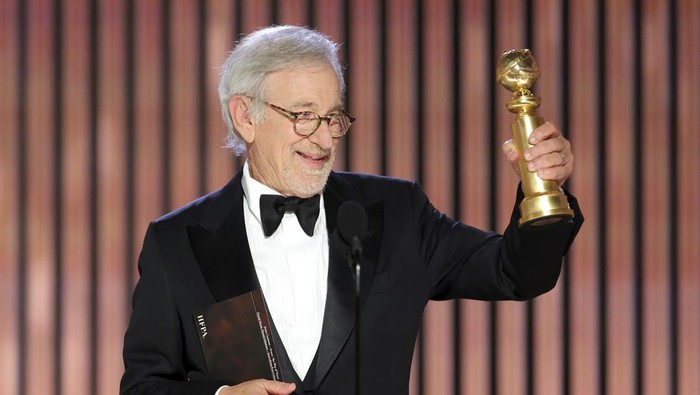 This image released by NBC shows Steven Spielberg accepting the Best Director award for The Fabelmans during the 80th Annual Golden Globe Awards at the Beverly Hilton Hotel on Tuesday, Jan. 10, 2023, in Beverly Hills, Calif. (Rich Polk/NBC via AP)