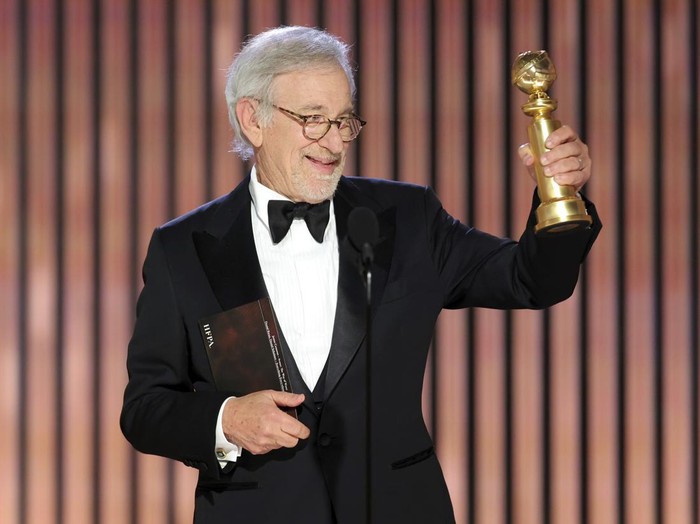 This image released by NBC shows Steven Spielberg accepting the Best Director award for The Fabelmans during the 80th Annual Golden Globe Awards at the Beverly Hilton Hotel on Tuesday, Jan. 10, 2023, in Beverly Hills, Calif. (Rich Polk/NBC via AP)
