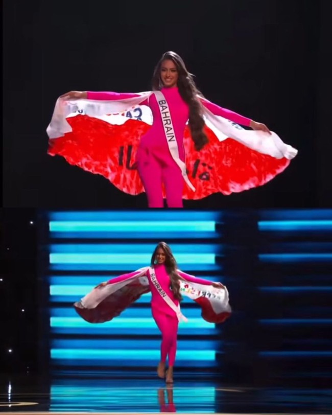 Selain memakai burkini, Evlin juga mengenakan cape yang dihiasi pesan mendalam. Wanita Arab harus diwakili. Wanita Muslim juga bisa menjadi Miss Universe, demikian yang tertulis di cape finalis Miss Universe 2022 asal Bahrain ini. Foto: Dok. Instagram @evlin_khalifa.