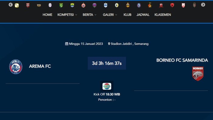 Laga Arema FC vs Borneo FC tercantum di laman resmi PT LIB, seperti diakses detikJateng, Kamis (12/1/2023) pukul 15.00 WIB.