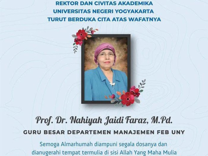Guru Besar Departemen Manajemen FEB UNY, Nahiyah Jaidi Faraz, tutup usia. Foto diunggah Jumat (13/1/2023).