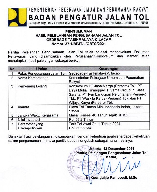 Pengumuman hasil pelelangan pengusahaan Jalan Tol Gedebage-Tasikmalaya-Cilacap. (DOK. BPJT)