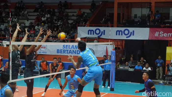 Pertandingan Sukun Badak Vs Jakarta BNI 46 di Proliga 2023 di Purwokerto, Jumat (13/1/2023).