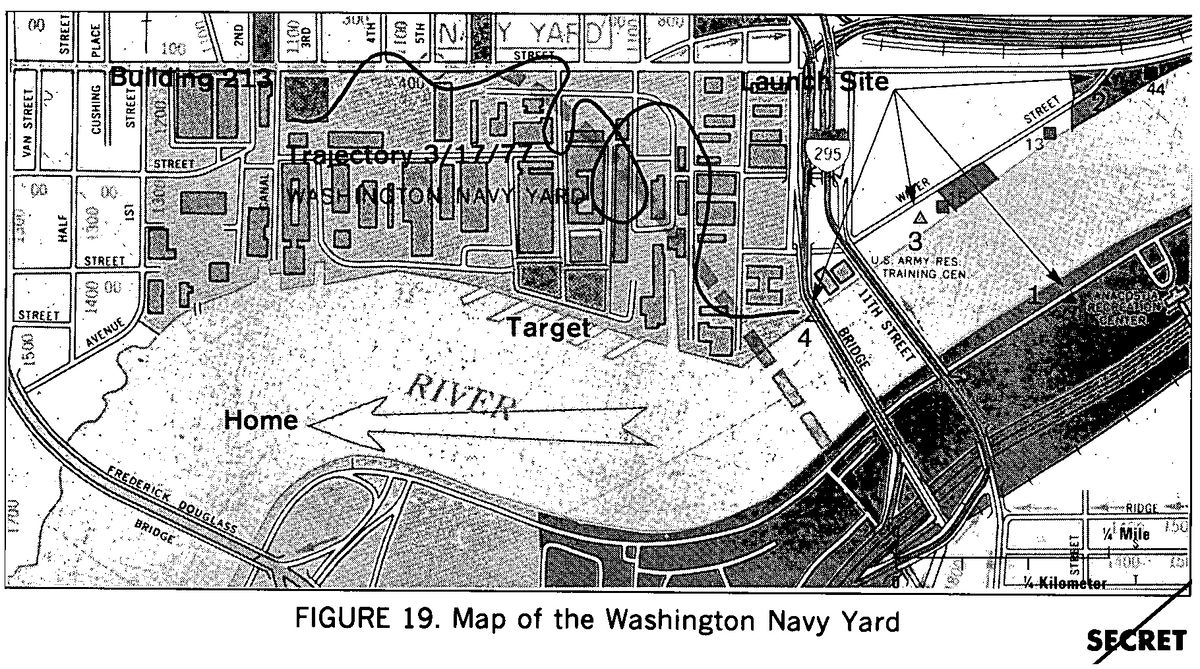Peta CIA menampilkan Navy Yard dan daerah sekitar di Washington DC lengkap dengan jalur terbang merpati mata-mata.