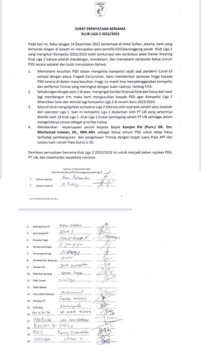 Surat pernyataan yang beredar menyebut klub sepakat Liga 2 dihentikan.