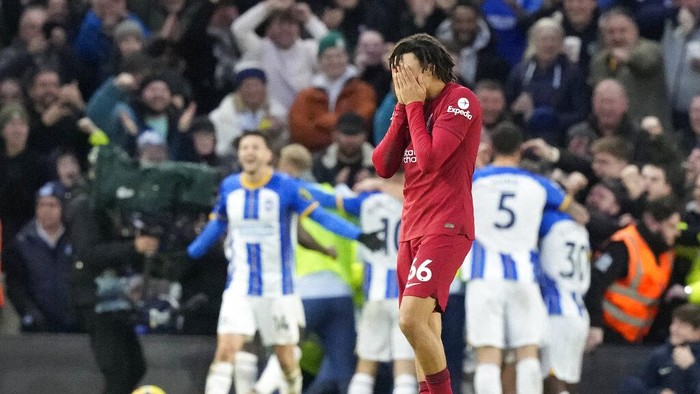 Liverpools Trent Alexander-Arnold reacts after Brightons Solly March scored his sides second goal during the English Premier League soccer match between Brighton and Liverpool at the Falmer Stadium in Brighton, England, Saturday, Jan. 14, 2023. (AP Photo/Frank Augstein)