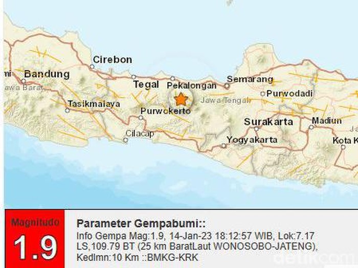 Gempa darat M 1,9 di Wonosobo, Sabtu (14/1/2023) petang.
