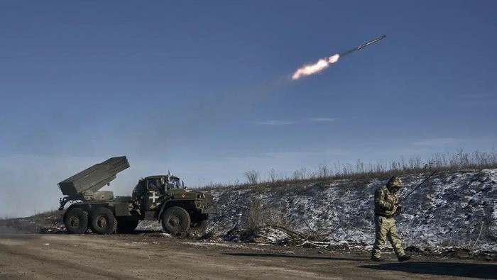 FILE - Ukrainian army Grad multiple rocket launcher fires rockets at Russian positions in the frontline near Soledar, Donetsk region, Ukraine, Wednesday, Jan. 11, 2023. Russias Defense Ministry said Friday Jan. 13, 2023 that its forces have captured the salt-mining town of Soledar, the focus of a bloody battle between Russian and Ukrainian forces for months. (AP Photo/Libkos, File)