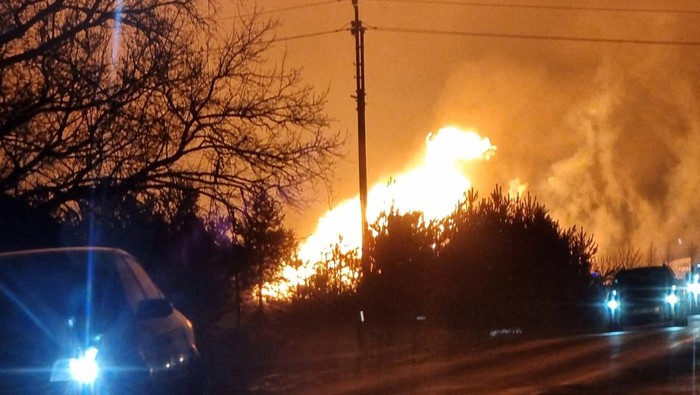 Flames rise from a gas pipeline burning after an explosion, in Pasvalys, Lithuania, January 13, 2023, in this picture obtained from social media. Gintautas Geguzinskas/via REUTERS  THIS IMAGE HAS BEEN SUPPLIED BY A THIRD PARTY. MANDATORY CREDIT. NO RESALES. NO ARCHIVES.