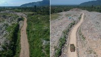 Foto perbandingan kondisi Tempat Pembuangan Akhir (TPA) Air Dingin pada Oktober 2020 (kanan) dan kondisi terkini setelah penghijauan (kiri) di Padang, Sumatera Barat, Sabtu (14/1/2023).