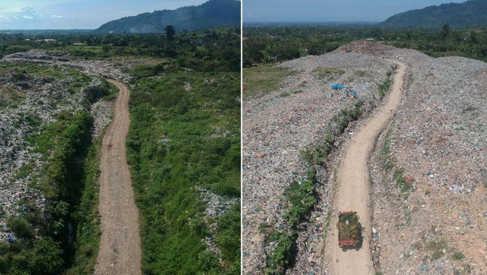 UPAYA PENGHIJAUAN TPA PADANG Alat berat menyusun tumpukan sampah yang didominasi sampah plastik di Tempat Pembuangan Akhir (TPA) Air Dingin, Padang, Sumatera Barat, Sabtu (14/1/2023). Pemkot Padang melakukan penghijauan di sejumlah zona yang sudah tidak aktif di TPA tersebut dengan penanaman pohon buah dan penimbunan sampah menggunakan material tanah, untuk mengurangi bau dan bisa dikembangkan menjadi agrowisata. ANTARA FOTO/Iggoy el Fitra/foc.