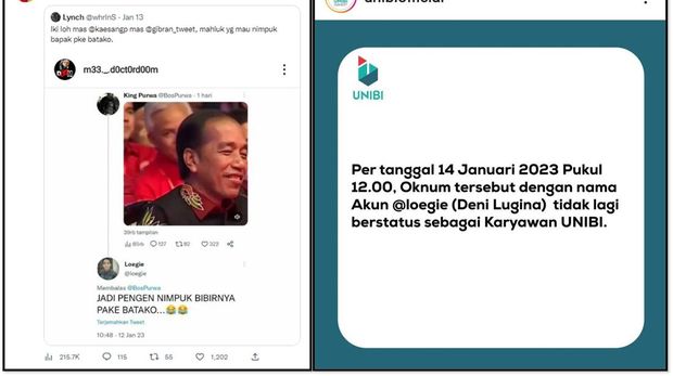 Kolase cuitan di Twitter dan respons UNIBI tindak oknum karyawannya
