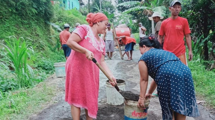 Warga di Desa Domyang, Pekalongan, bekerja bakti memperbaiki jalan kabupaten yang rusak.