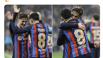 Gavi dan Pedri menjadi bintang kemengan Barcelona 3-1 atas Real Madrid sehingga Barca juara Piala Super Spanyol. Foto: Twitter