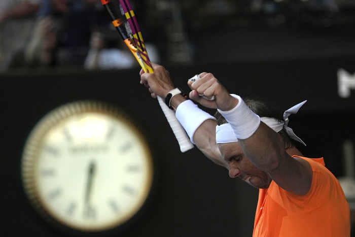 Rafael Nadal of Spain reacts after defeating Jack Draper of Britain in their first round match at the Australian Open tennis championship in Melbourne, Australia, Monday, Jan. 16, 2023. (AP Photo/Aaron Favila)