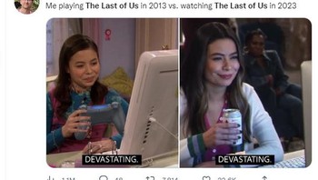 Reaksi memainkan game The Last uf Us di 2013 vs menonton seriesnya di 2023 . Foto: Twitter 